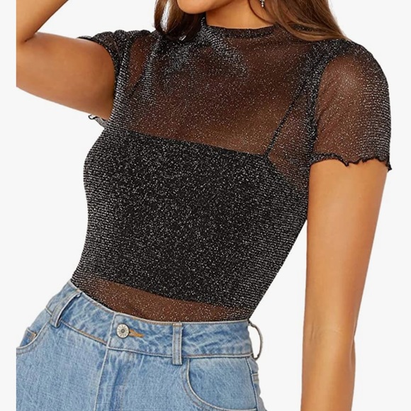 Size Small Women's Sheer Black Mesh Lettuce Trim Glitter Short Sleeve Top - Picture 11 of 16